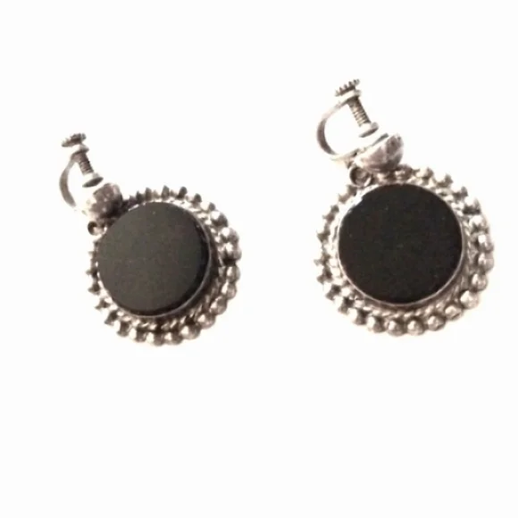 VINTAGE 50s ROUND BLACK ONYX STERLING SILVER .925 SCREWBACK 1" EARRINGS - Picture 6 of 7